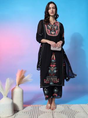 Black embroidered faux georgette fabric kurti & palazzo set 4