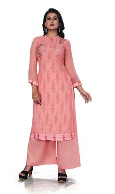 Women'S And Girls Gajri Georgette Neck Embroidered Georgette Kurta Sets 2