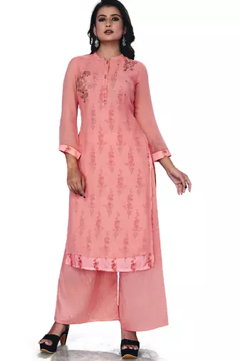Women'S And Girls Gajri Georgette Neck Embroidered Georgette Kurta Sets