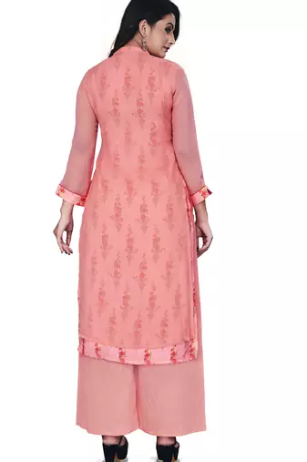 Women'S And Girls Gajri Georgette Neck Embroidered Georgette Kurta Sets