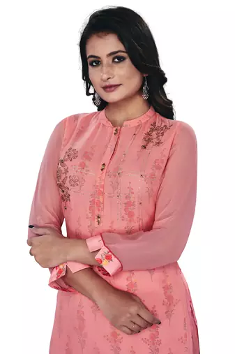Women'S And Girls Gajri Georgette Neck Embroidered Georgette Kurta Sets