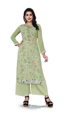 Women'S And Girls Pista Green Georgette Neck Embroidered Georgette Kurta Sets 1