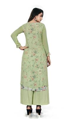 Women'S And Girls Pista Green Georgette Neck Embroidered Georgette Kurta Sets 2