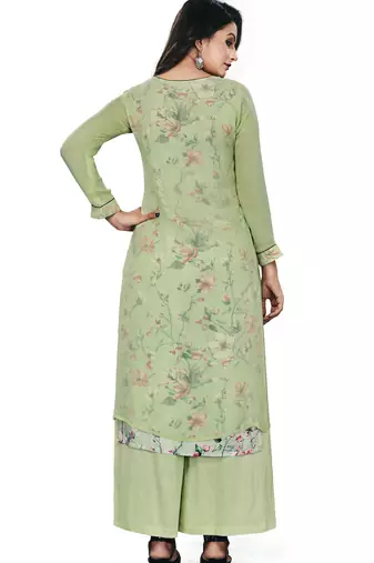 Women'S And Girls Pista Green Georgette Neck Embroidered Georgette Kurta Sets
