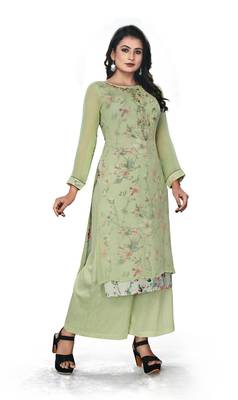 Women'S And Girls Pista Green Georgette Neck Embroidered Georgette Kurta Sets 3