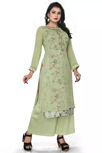 Women'S And Girls Pista Green Georgette Neck Embroidered Georgette Kurta Sets