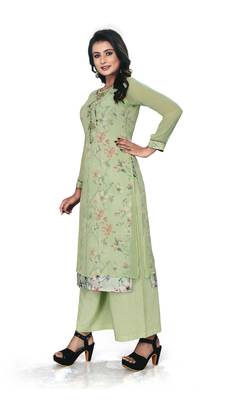 Women'S And Girls Pista Green Georgette Neck Embroidered Georgette Kurta Sets 4