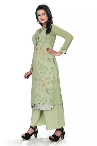 Women'S And Girls Pista Green Georgette Neck Embroidered Georgette Kurta Sets