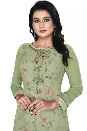 Women'S And Girls Pista Green Georgette Neck Embroidered Georgette Kurta Sets