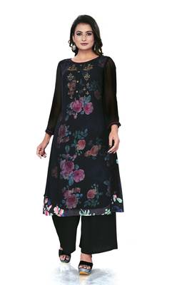 Women'S And Girls Black Georgette Neck Embroidered Georgette Kurta Sets 1