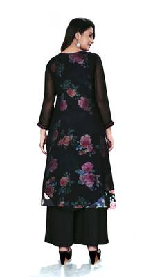Women'S And Girls Black Georgette Neck Embroidered Georgette Kurta Sets 2