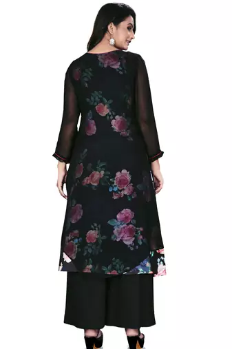 Women'S And Girls Black Georgette Neck Embroidered Georgette Kurta Sets