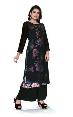 Women'S And Girls Black Georgette Neck Embroidered Georgette Kurta Sets 3