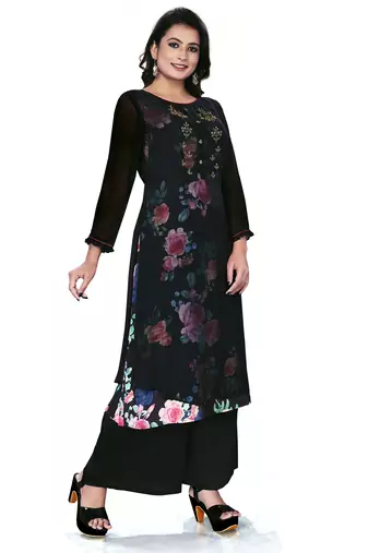 Women'S And Girls Black Georgette Neck Embroidered Georgette Kurta Sets