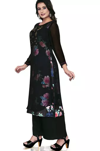 Women'S And Girls Black Georgette Neck Embroidered Georgette Kurta Sets