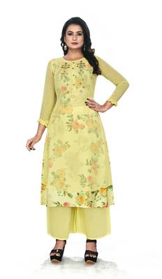 Women'S And Girls Lemon Yellow Georgette Neck Embroidered Georgette Kurta Sets 1