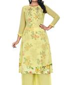 Women'S And Girls Lemon Yellow Georgette Neck Embroidered Georgette Kurta Sets
