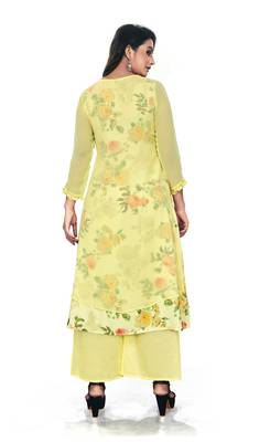 Women'S And Girls Lemon Yellow Georgette Neck Embroidered Georgette Kurta Sets 2