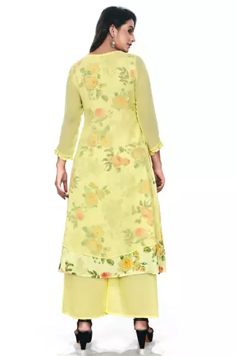 Women'S And Girls Lemon Yellow Georgette Neck Embroidered Georgette Kurta Sets