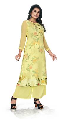 Women'S And Girls Lemon Yellow Georgette Neck Embroidered Georgette Kurta Sets 3