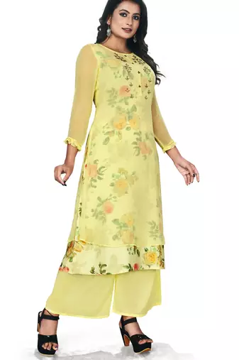 Women'S And Girls Lemon Yellow Georgette Neck Embroidered Georgette Kurta Sets