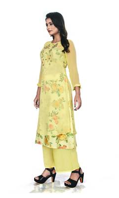 Women'S And Girls Lemon Yellow Georgette Neck Embroidered Georgette Kurta Sets 4