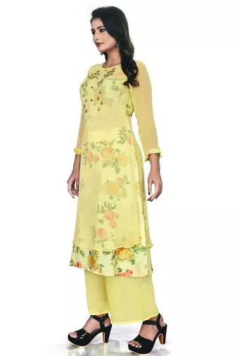 Women'S And Girls Lemon Yellow Georgette Neck Embroidered Georgette Kurta Sets
