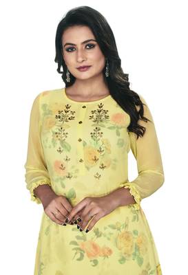 Women'S And Girls Lemon Yellow Georgette Neck Embroidered Georgette Kurta Sets 5