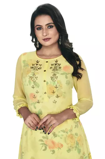 Women'S And Girls Lemon Yellow Georgette Neck Embroidered Georgette Kurta Sets