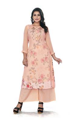 Women'S And Girls Peach Georgette Neck Embroidered Georgette Kurta Sets 1