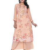 Women'S And Girls Peach Georgette Neck Embroidered Georgette Kurta Sets