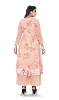 Women'S And Girls Peach Georgette Neck Embroidered Georgette Kurta Sets 2
