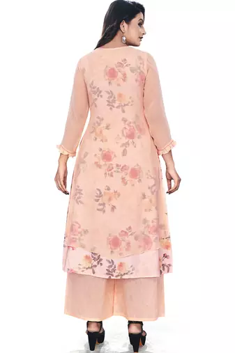 Women'S And Girls Peach Georgette Neck Embroidered Georgette Kurta Sets