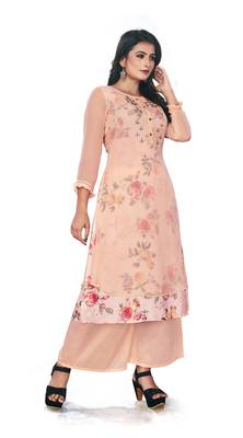 Women'S And Girls Peach Georgette Neck Embroidered Georgette Kurta Sets 3
