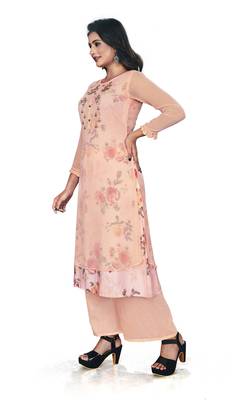 Women'S And Girls Peach Georgette Neck Embroidered Georgette Kurta Sets 4