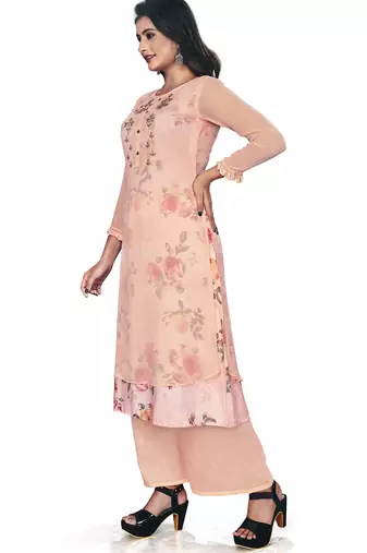 Women'S And Girls Peach Georgette Neck Embroidered Georgette Kurta Sets