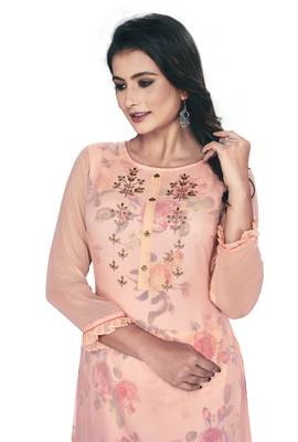 Women'S And Girls Peach Georgette Neck Embroidered Georgette Kurta Sets 5