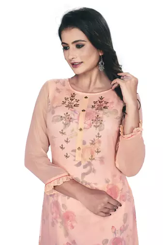 Women'S And Girls Peach Georgette Neck Embroidered Georgette Kurta Sets