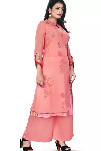 Women'S And Girls Gajri Georgette Neck Embroidered Georgette Kurta Sets