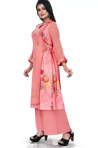 Women'S And Girls Gajri Georgette Neck Embroidered Georgette Kurta Sets