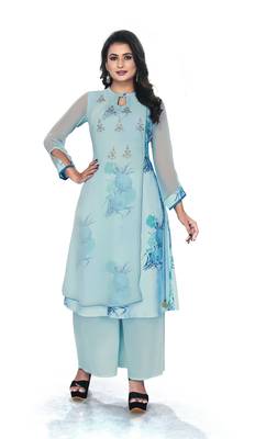 Women'S And Girls Sky Blue Georgette Neck Embroidered Georgette Kurta Sets 1