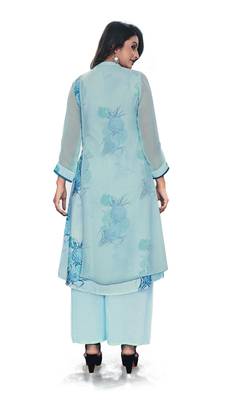 Women'S And Girls Sky Blue Georgette Neck Embroidered Georgette Kurta Sets 2