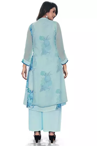 Women'S And Girls Sky Blue Georgette Neck Embroidered Georgette Kurta Sets