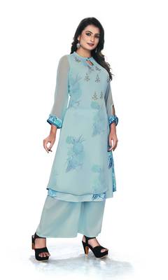 Women'S And Girls Sky Blue Georgette Neck Embroidered Georgette Kurta Sets 3
