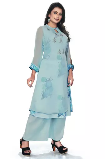 Women'S And Girls Sky Blue Georgette Neck Embroidered Georgette Kurta Sets
