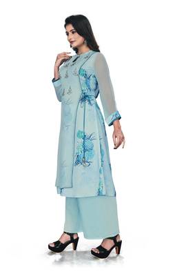 Women'S And Girls Sky Blue Georgette Neck Embroidered Georgette Kurta Sets 4