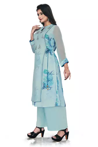 Women'S And Girls Sky Blue Georgette Neck Embroidered Georgette Kurta Sets
