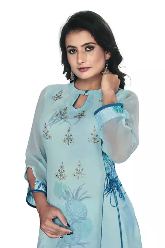 Women'S And Girls Sky Blue Georgette Neck Embroidered Georgette Kurta Sets