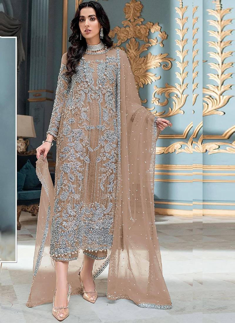 Light brown heavy organza embroidery pakistani salwar suit - Vegaa Fashion  - 4358185