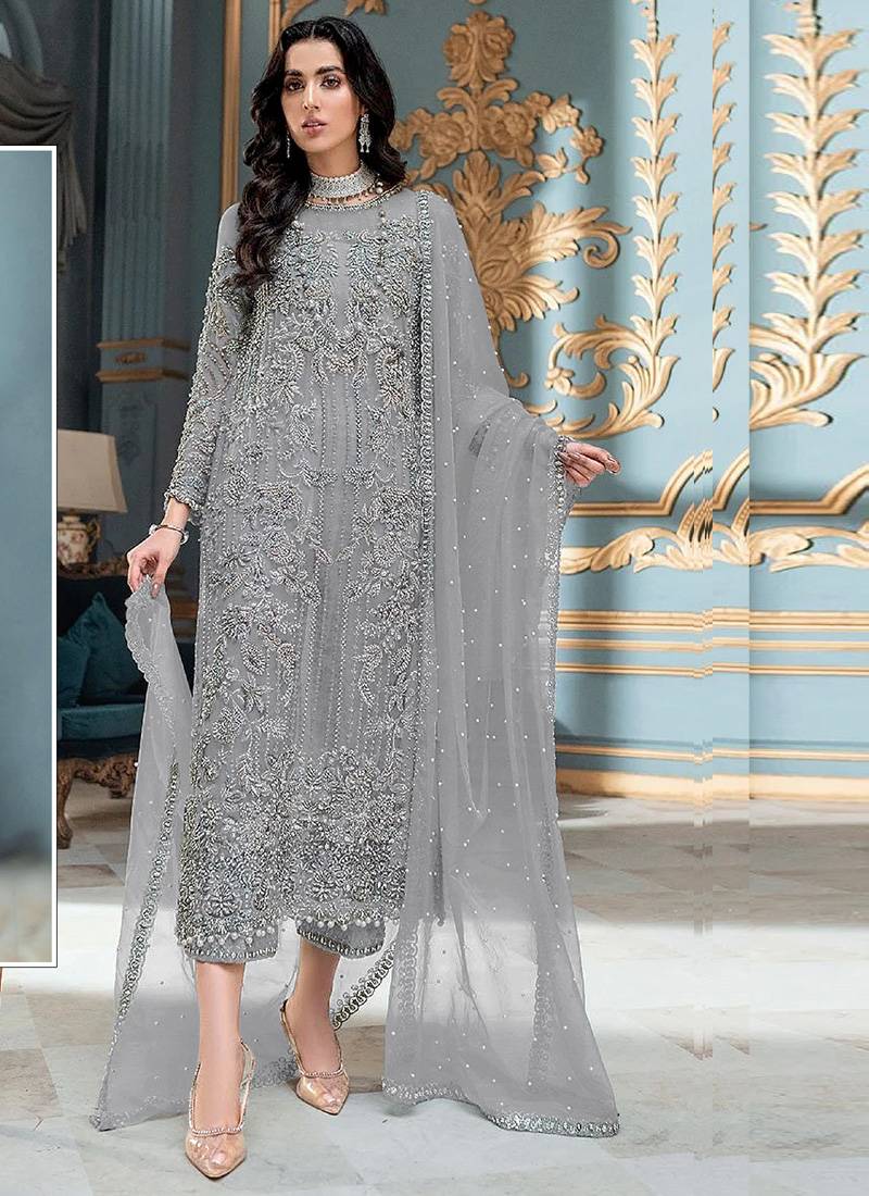 Grey heavy organza embroidery pakistani salwar suit Vegaa